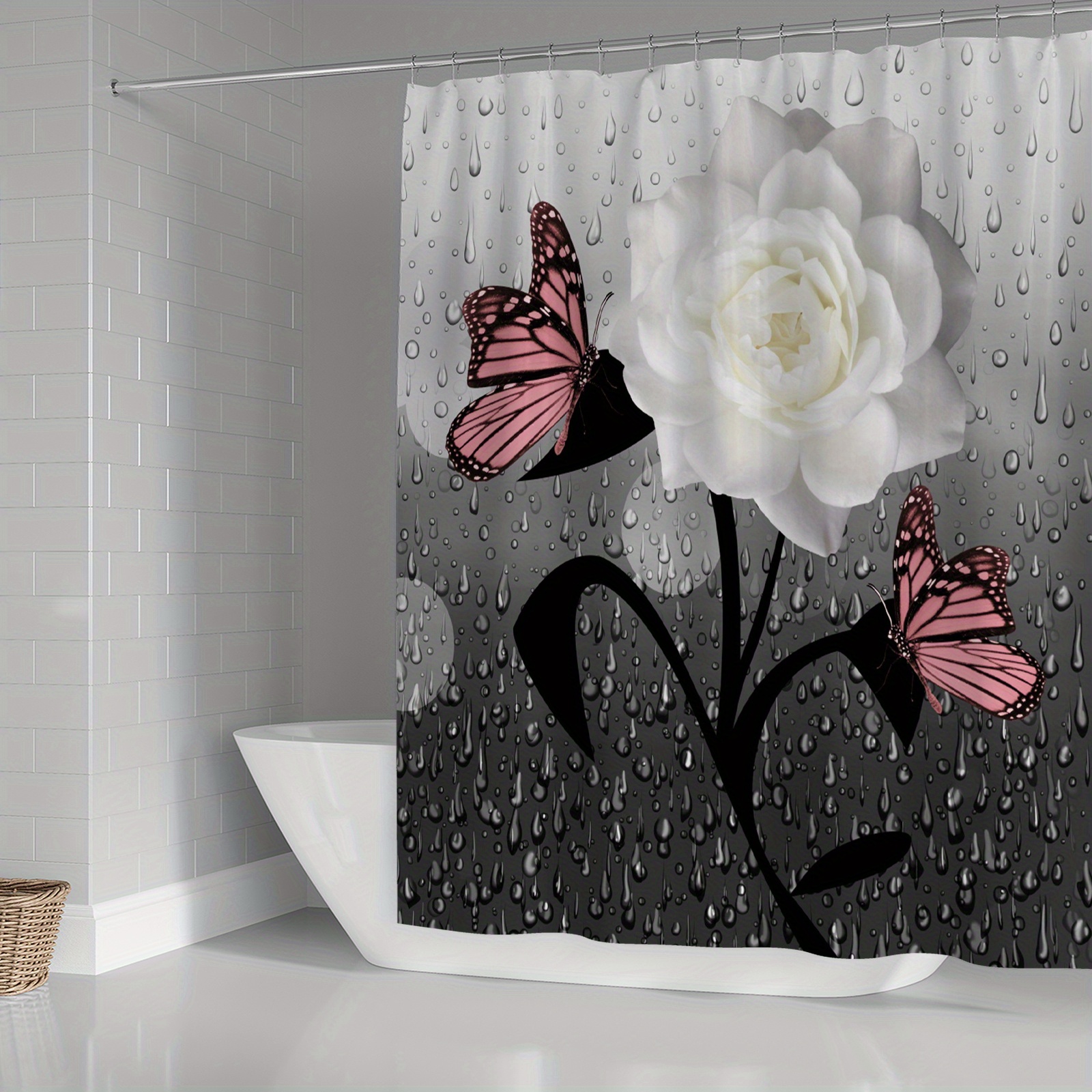 Polyester Waterproof Shower Curtain with 12 Hooks (White Butterfly), Size: One Size