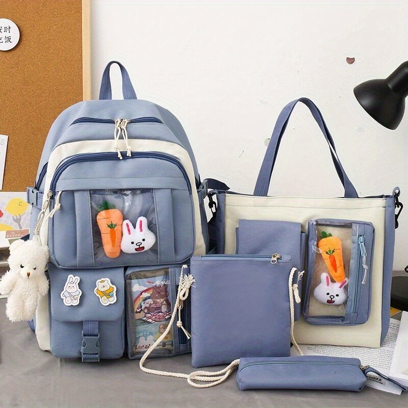 Kawaii Colorblock Bag Sets, Preppy Backpack & Shoulder Bag & Crossbody ...