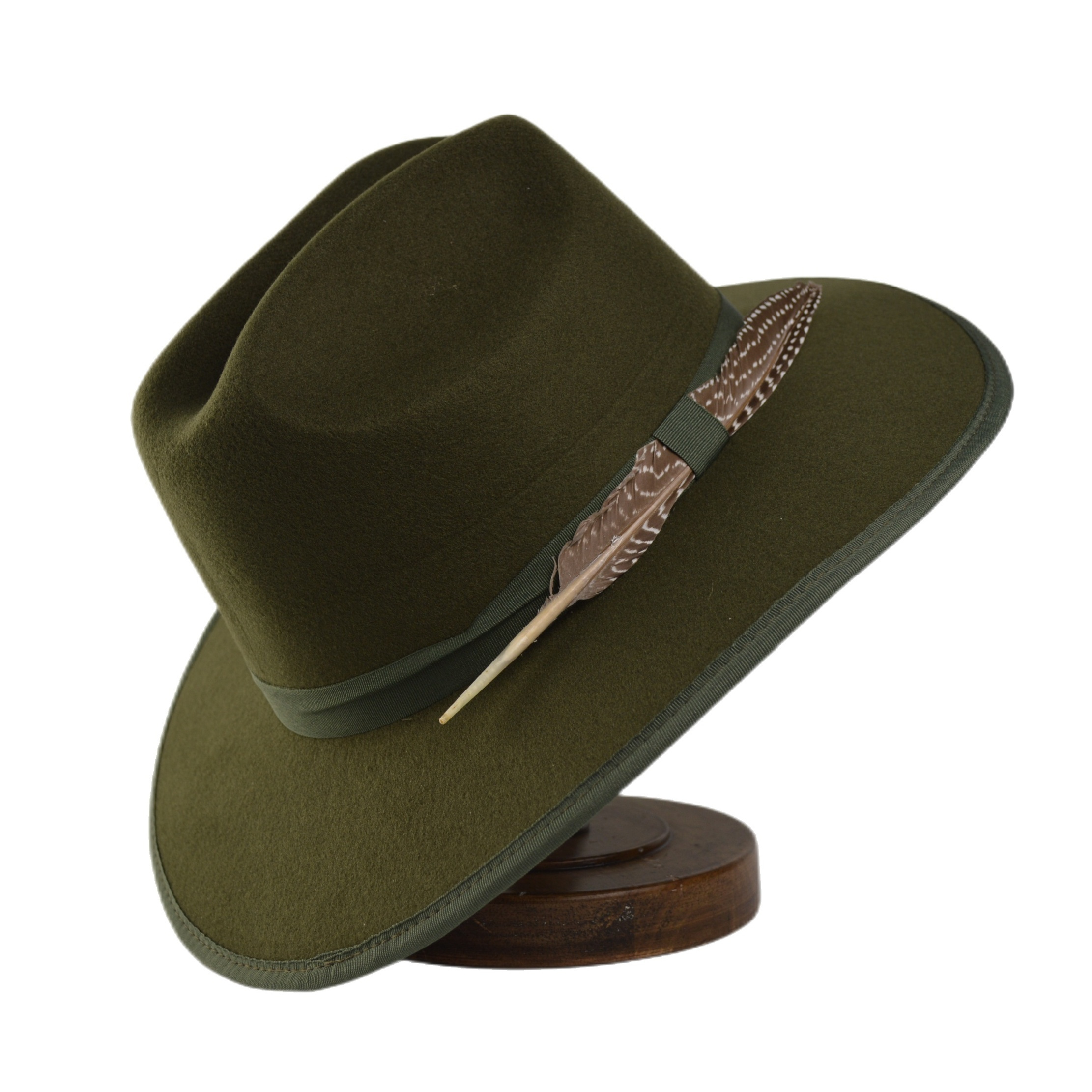 Fashion Woolen Wide Brim Felt Hat Green Classic Fedora Hat For Men & Women Dress Hats With Band And Feathers , Ideal choice for Gifts