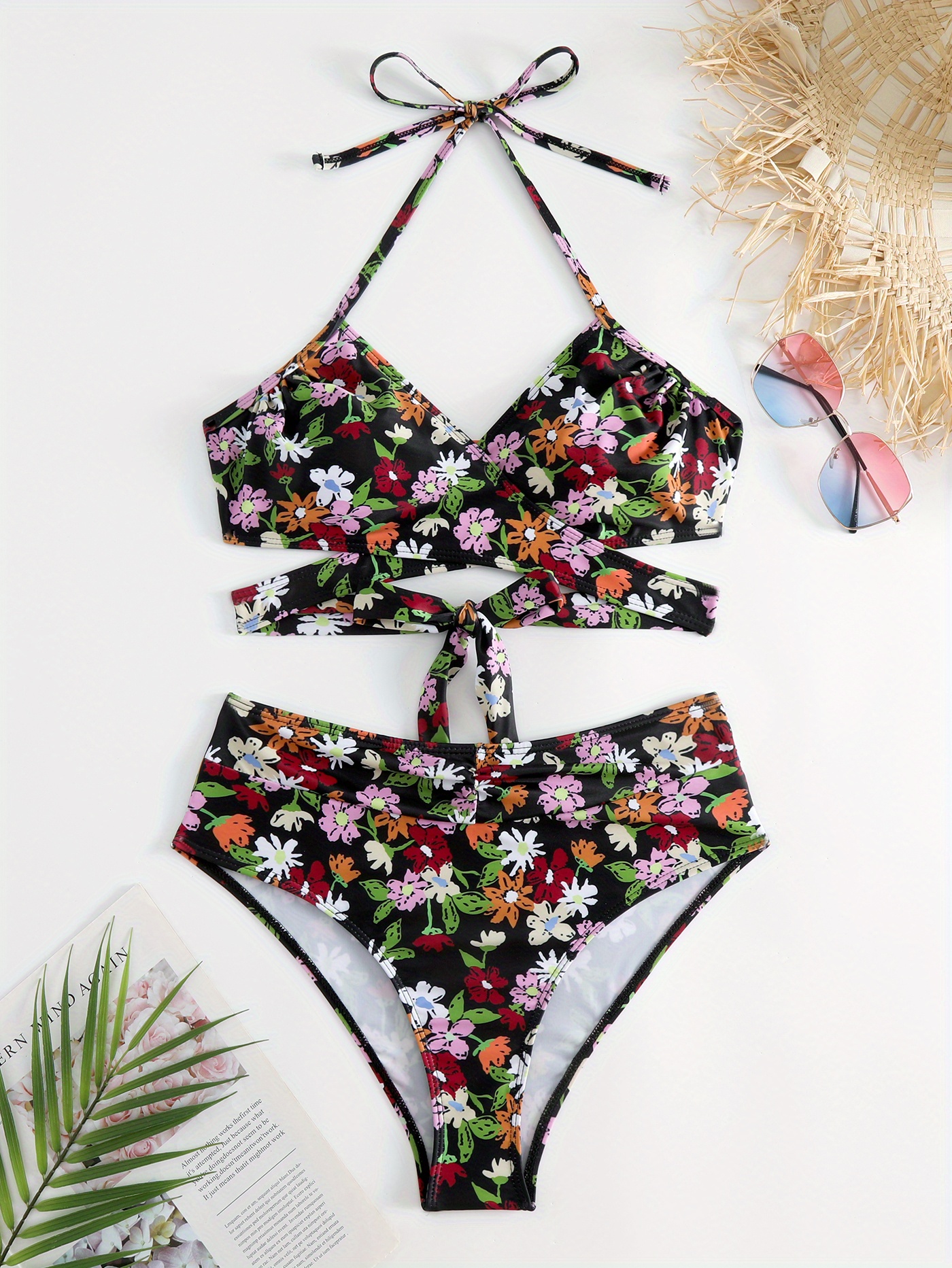 Halter V Neck Sexy Floral Print Bikini