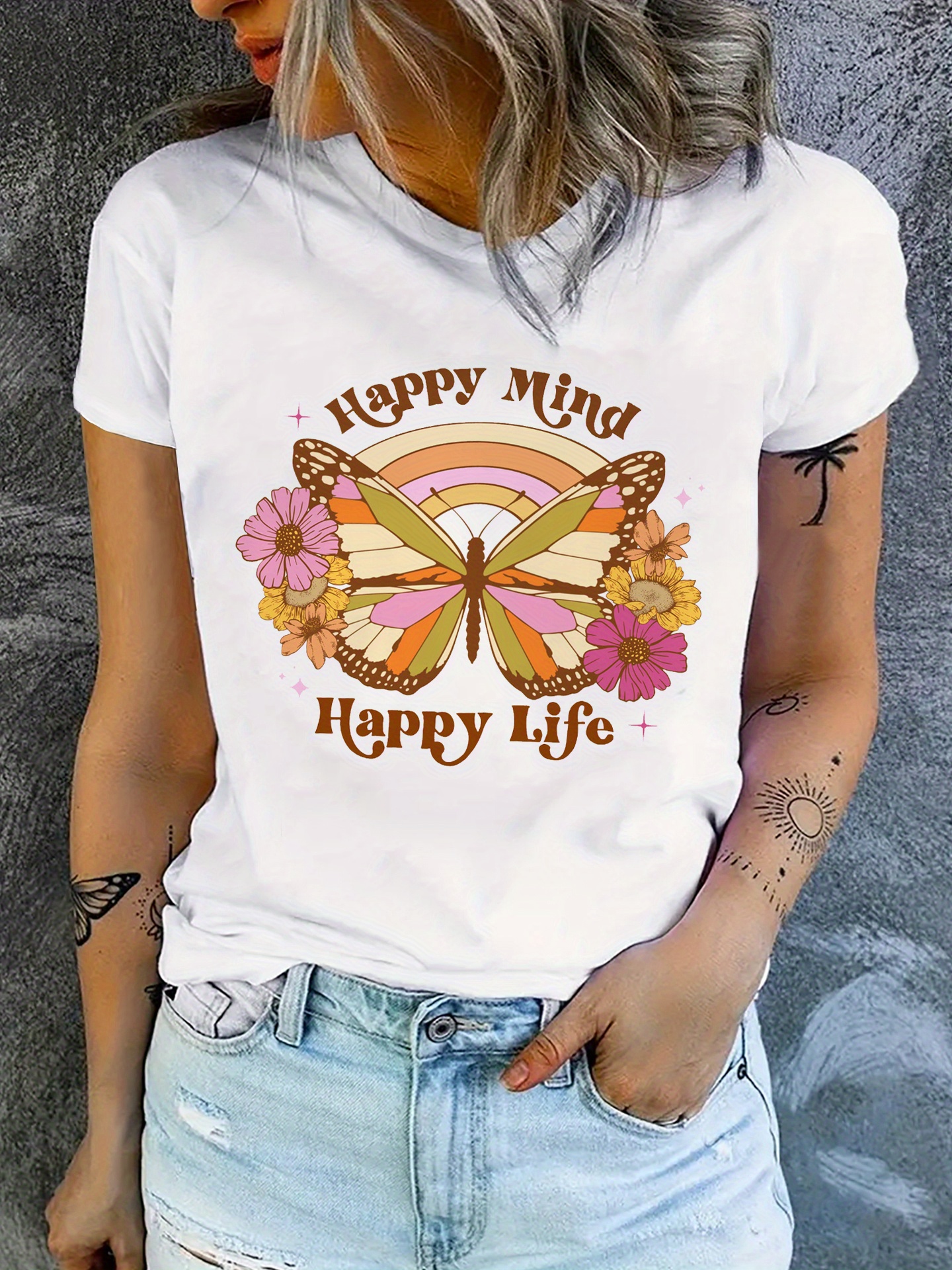 T-shirt long, imprimé d'inspiration maritime, col V, manches mi-hauteur
