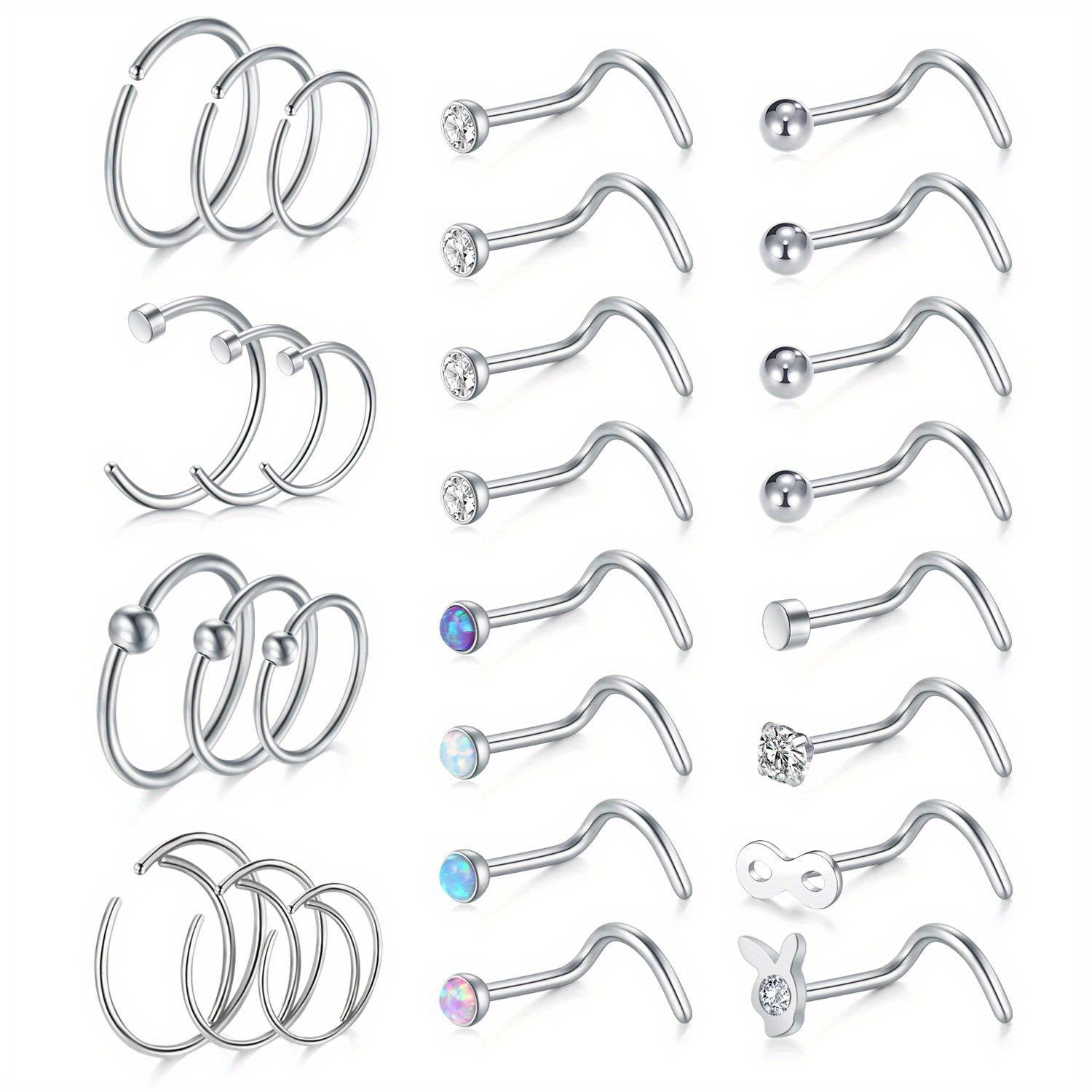 28pcs/set Nose Stud Rings Pack 20G Stainless Steel Silver, 50% OFF