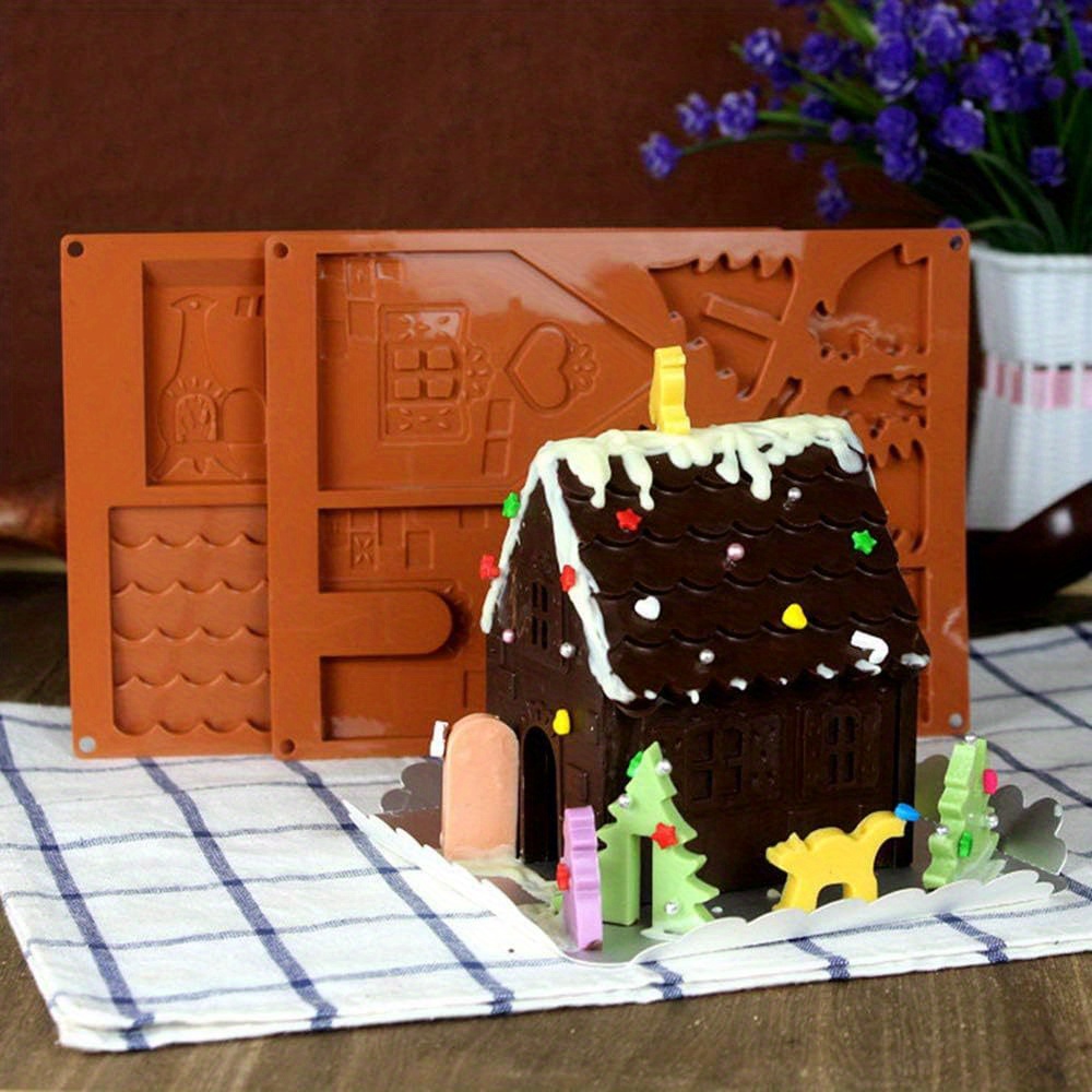 1pc, Christmas Gingerbread House Cake Mold, Silicone Mould 6 Cavity House  Shape Baking Mold For DIY Making Cake, Candy, Chocolate, Candles, Soap, Chri