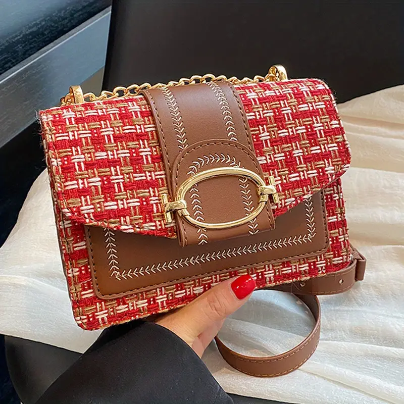 Mini Plaid Pattern Tweed Bag, Buckle Decor Shoulder Square Bag, Chain Crossbody Flap Purse for Everyday,Red,Plaid,$15.99,Solid color,Women Purses