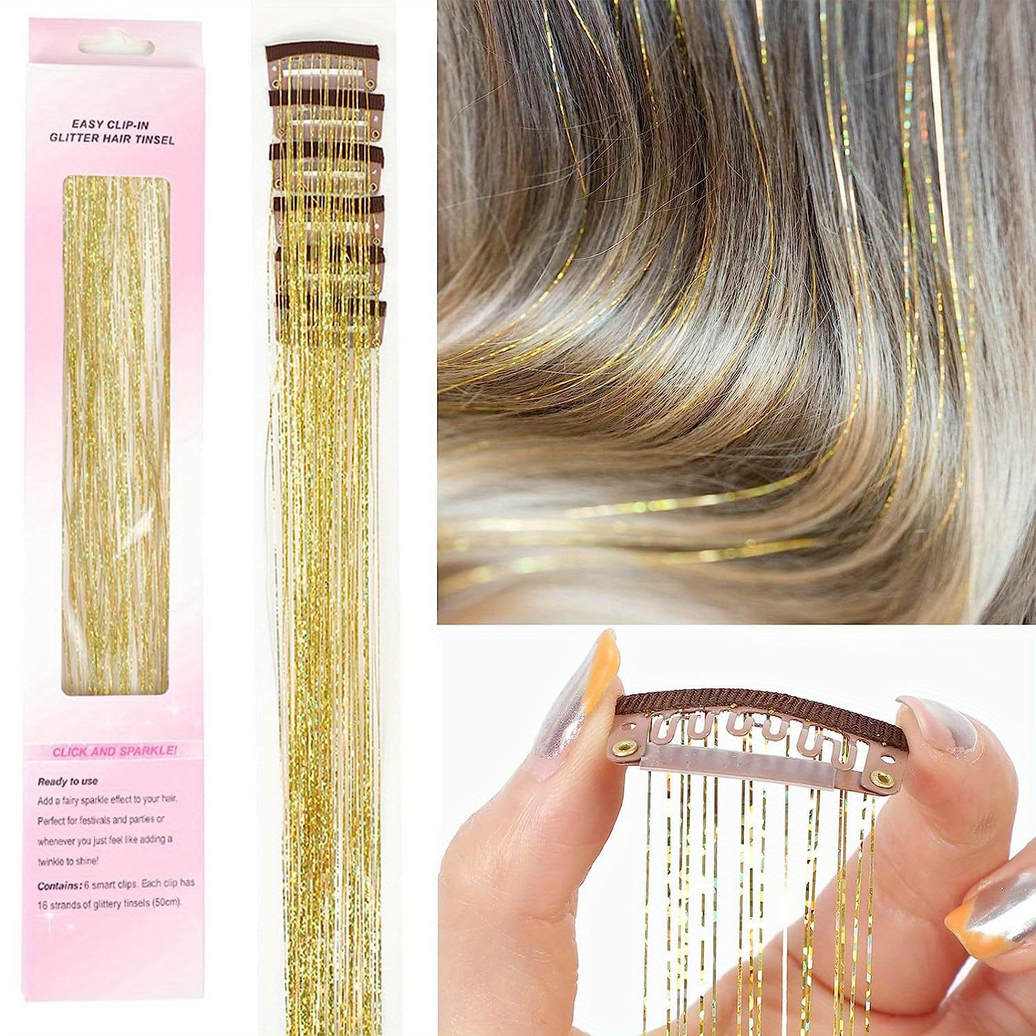 Y2K Party Glittery Tinsel Hair Extension 6pcs/set Clip in Hair Tinsel Kit Sparkle Hair Accessories for Women Girls Kids,Temu