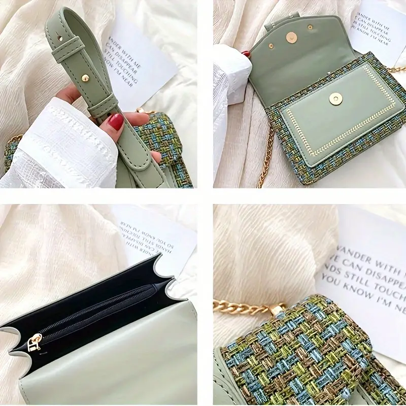 mini plaid pattern tweed bag buckle decor shoulder square bag chain crossbody flap purse for everyday details 7