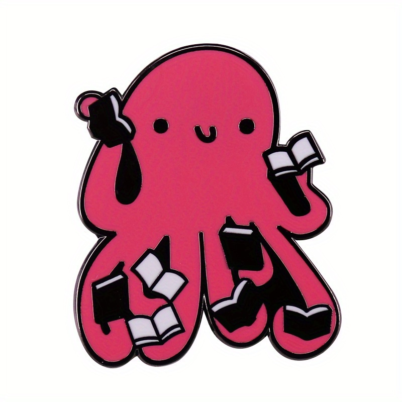 Adorable Pink Cartoon Octopus Reading A Book Brooch, Cute Tentacle Metal Enamel Badge, Jewelry Accessory
