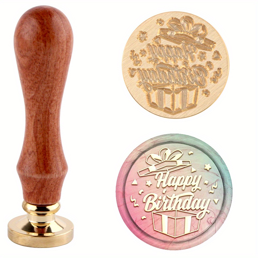 Image of Wax Seal Stamp Happy Birthday Gift Box Pattern Wax Sealing Stamp Brass Head Stamp With Wooden Handle For Envelopes Card Birthday Gifts Package Decoration