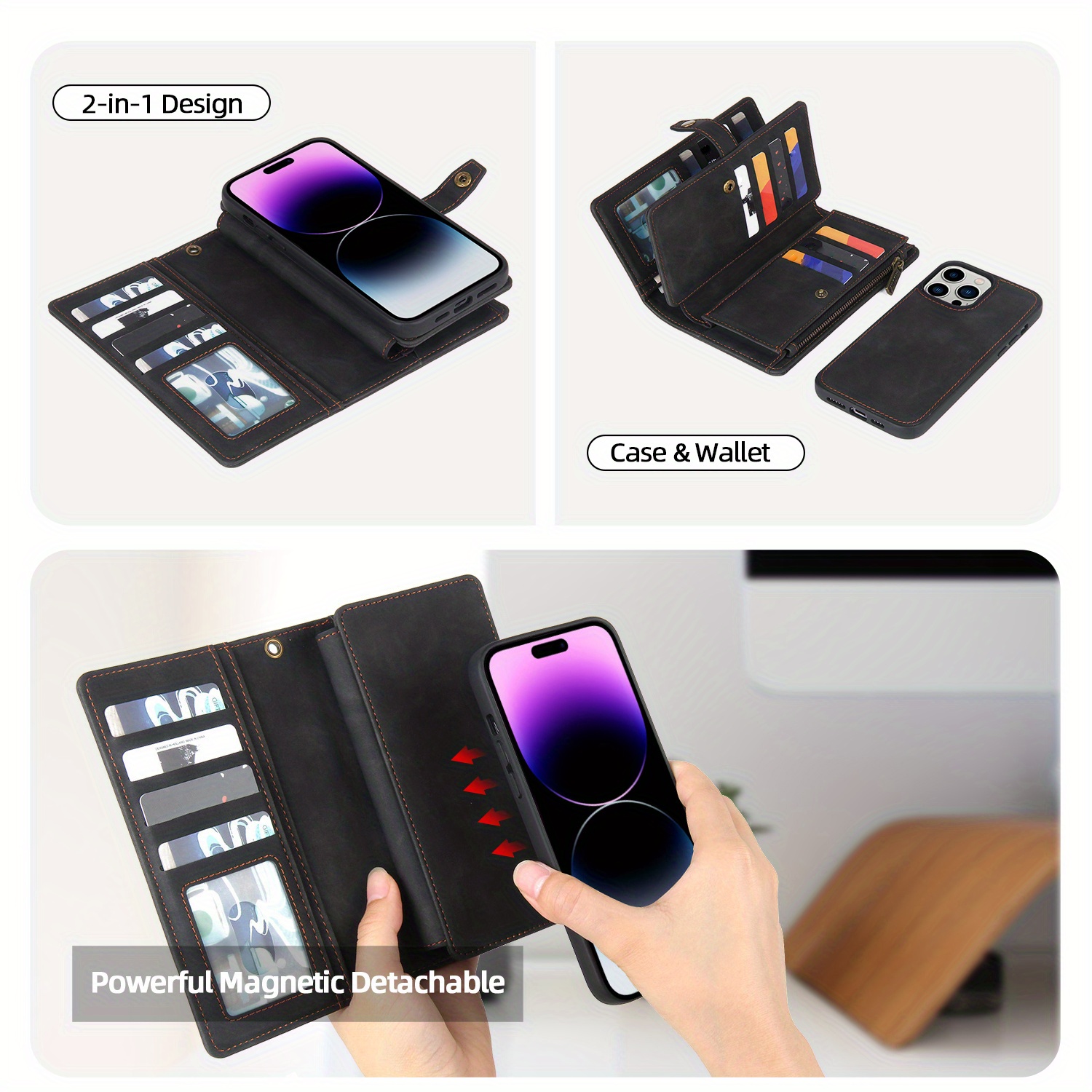 2 In 1 Detachable Magnetic Wallet Leather Flip Case For Iphone 11