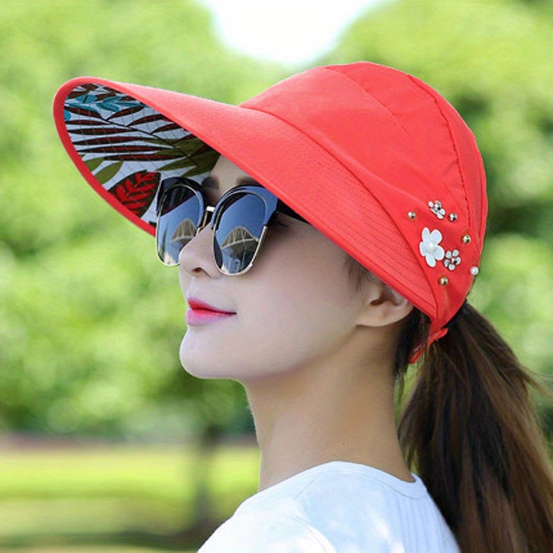 Stylish Ponytail Sun Visor Hat Beaded Flower Decor Lightweight Sun Hat