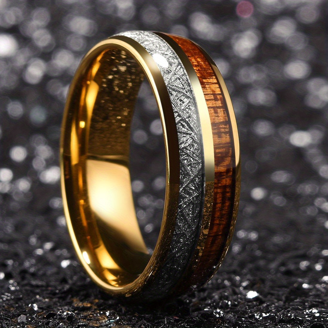 Golden Carbon Fiber Ring Yellow Gold Men's Tungsten Wedding Band buy Gift For Him