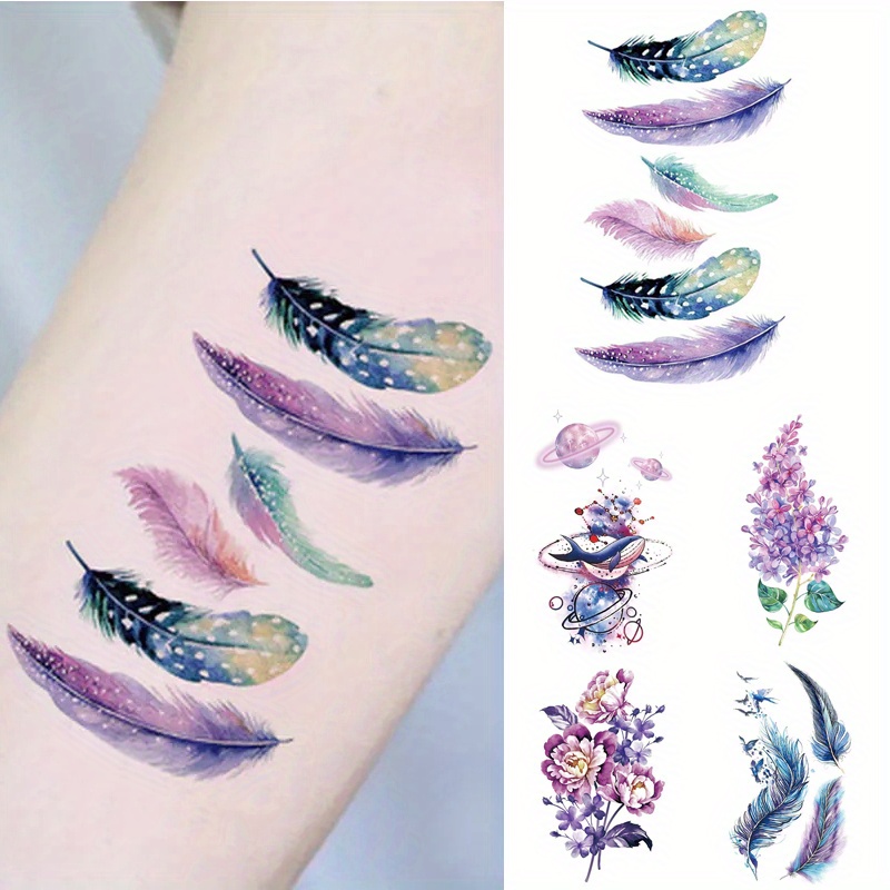 5 pcs Colorful Fantasy Feathers Waterproof Temporary Tattoo Sticker for  Body Art - Unique Watercolor Universe Design for Women and Men