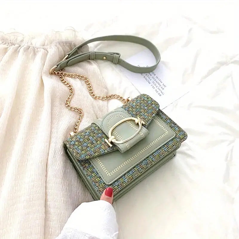 mini plaid pattern tweed bag buckle decor shoulder square bag chain crossbody flap purse for everyday details 8