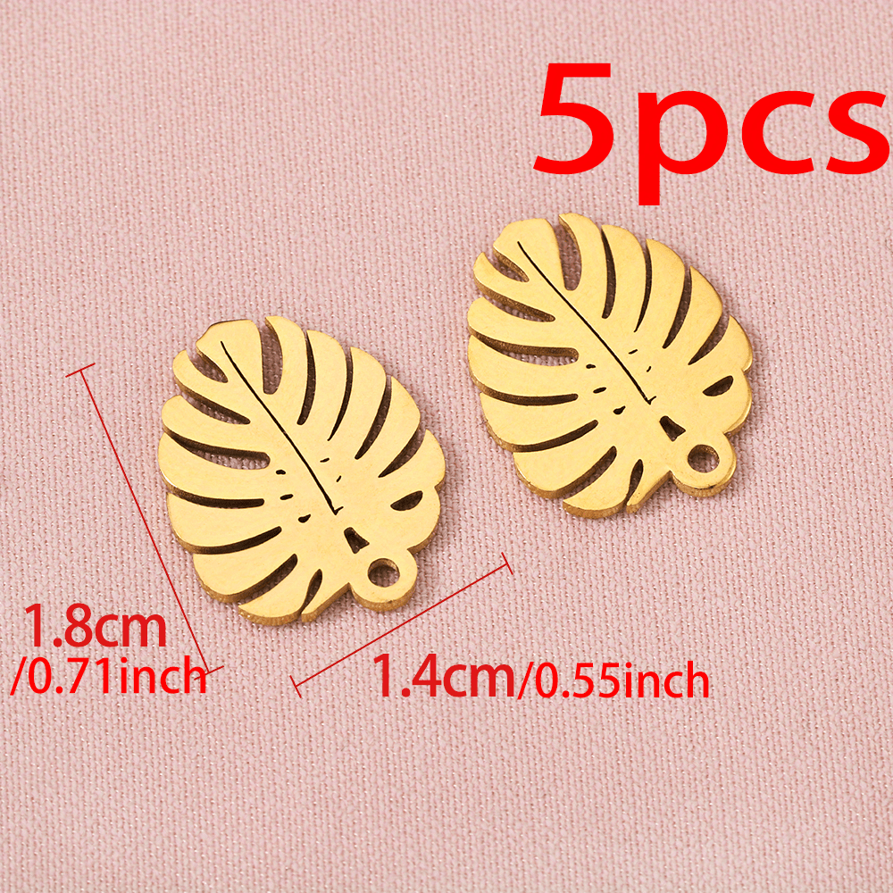 5pcs Golden Stainless Steel Pendant 1.4 X 1.8 Cm Hollow Leaf Shaped Small Charm Necklace Bracelet Jewelry Additions
