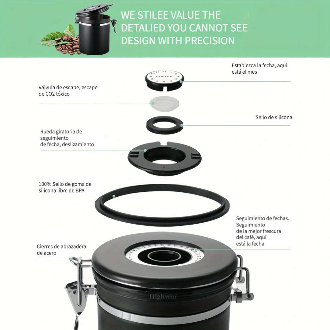 Contenedor de almacenamiento de bote de café con válvula de ventilación de  CO2 y rueda de seguimiento de fechas para café molido