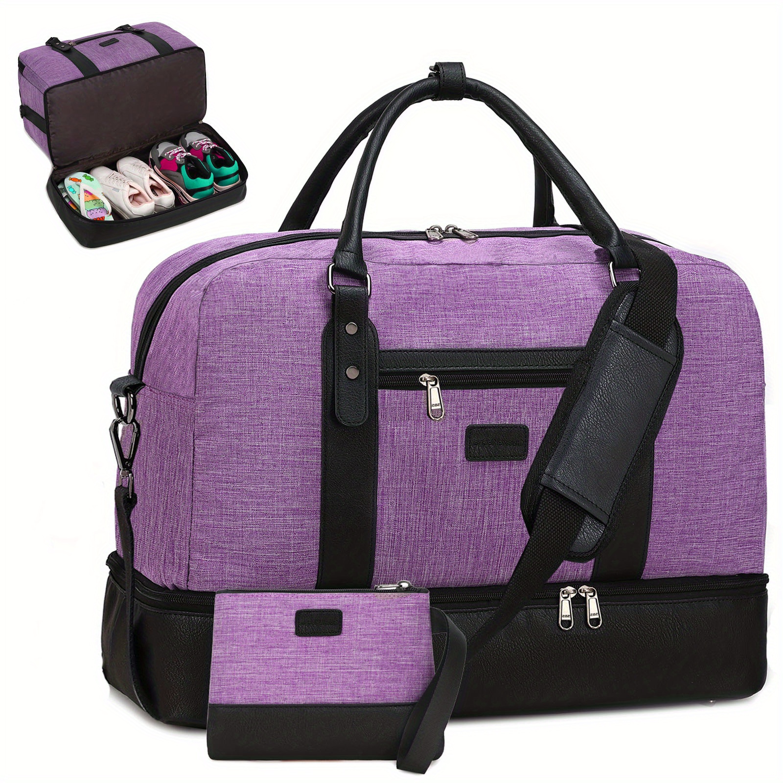 Purple Travel Duffle Bag With Shoes Compartment, Large Capacity