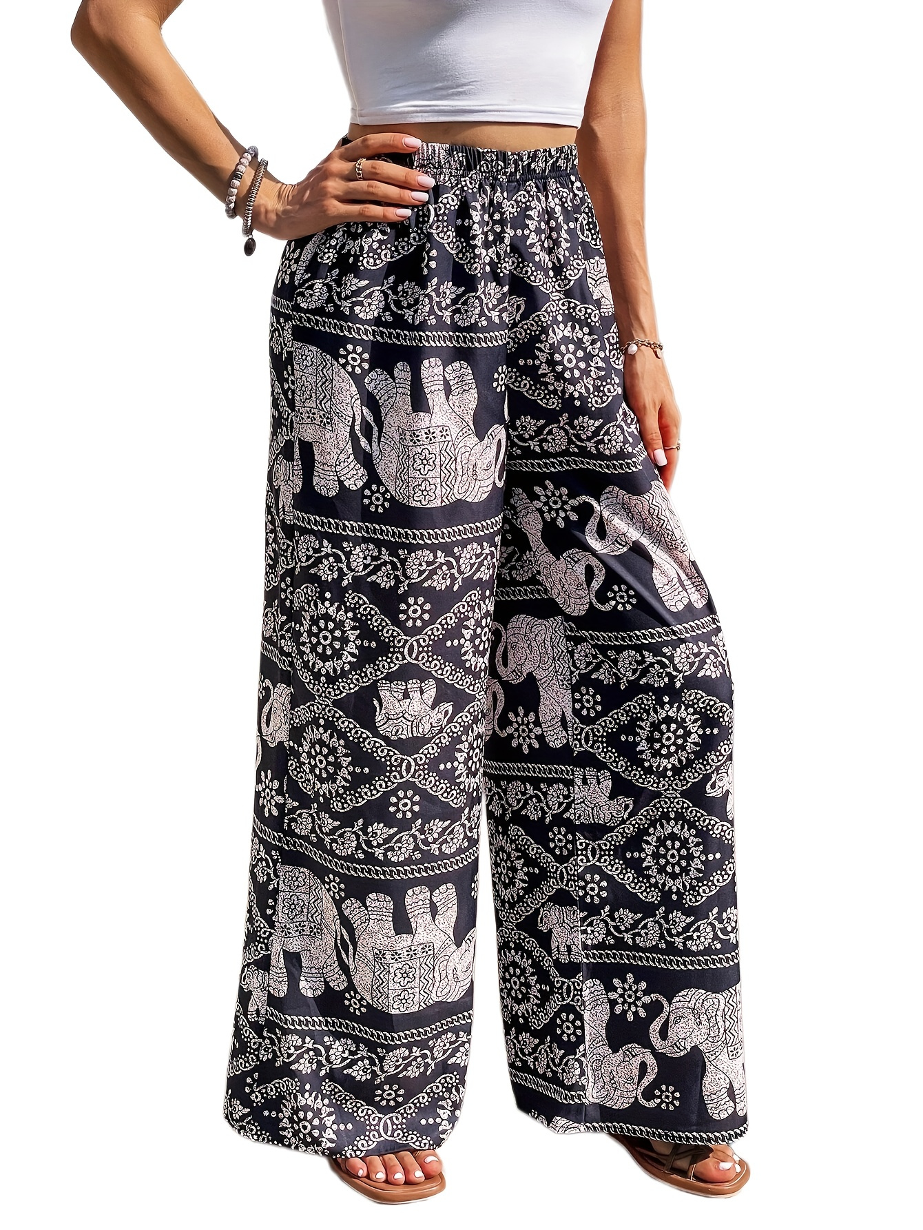 Buy Women's White & Black Elephant Print Wide Leg Casual Cotton Palazzo  Pants Trousers 2 Online in India 