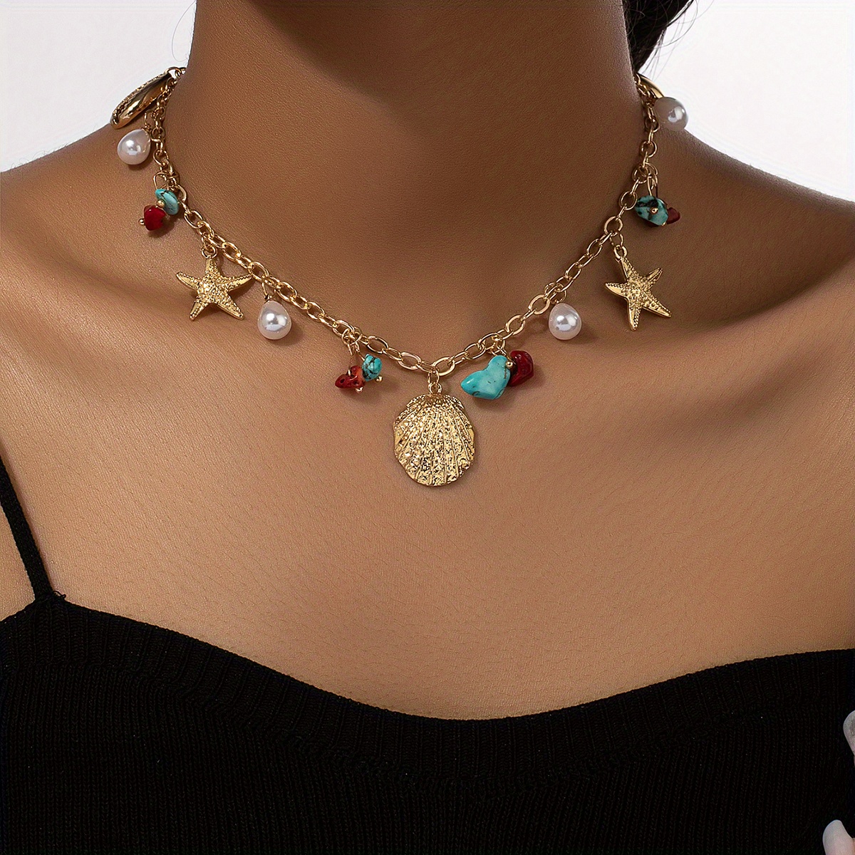 Image of Boho Necklace Vintage Seashell Starfish Faux Pearl Turquoise Decor Clavicle Chain Elegant Necklace Jewelry Accessories For Women
