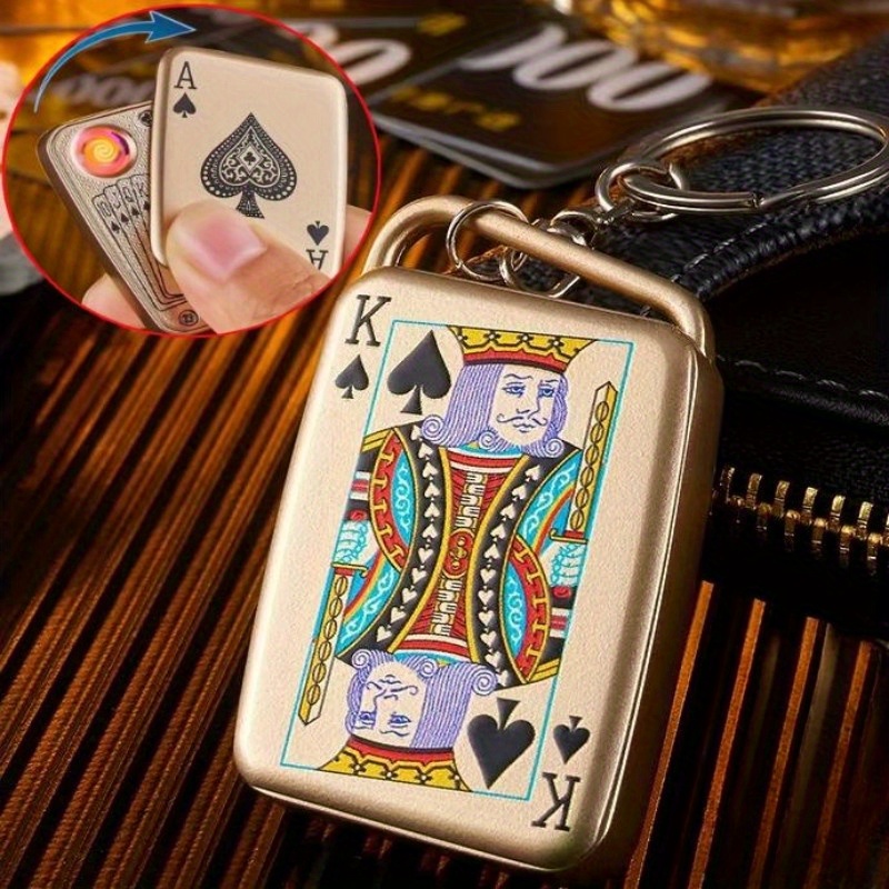 1pc rechargeable flameless lighter cigarette lighter portable mini windproof mahjong keychain playing card pattern details 4