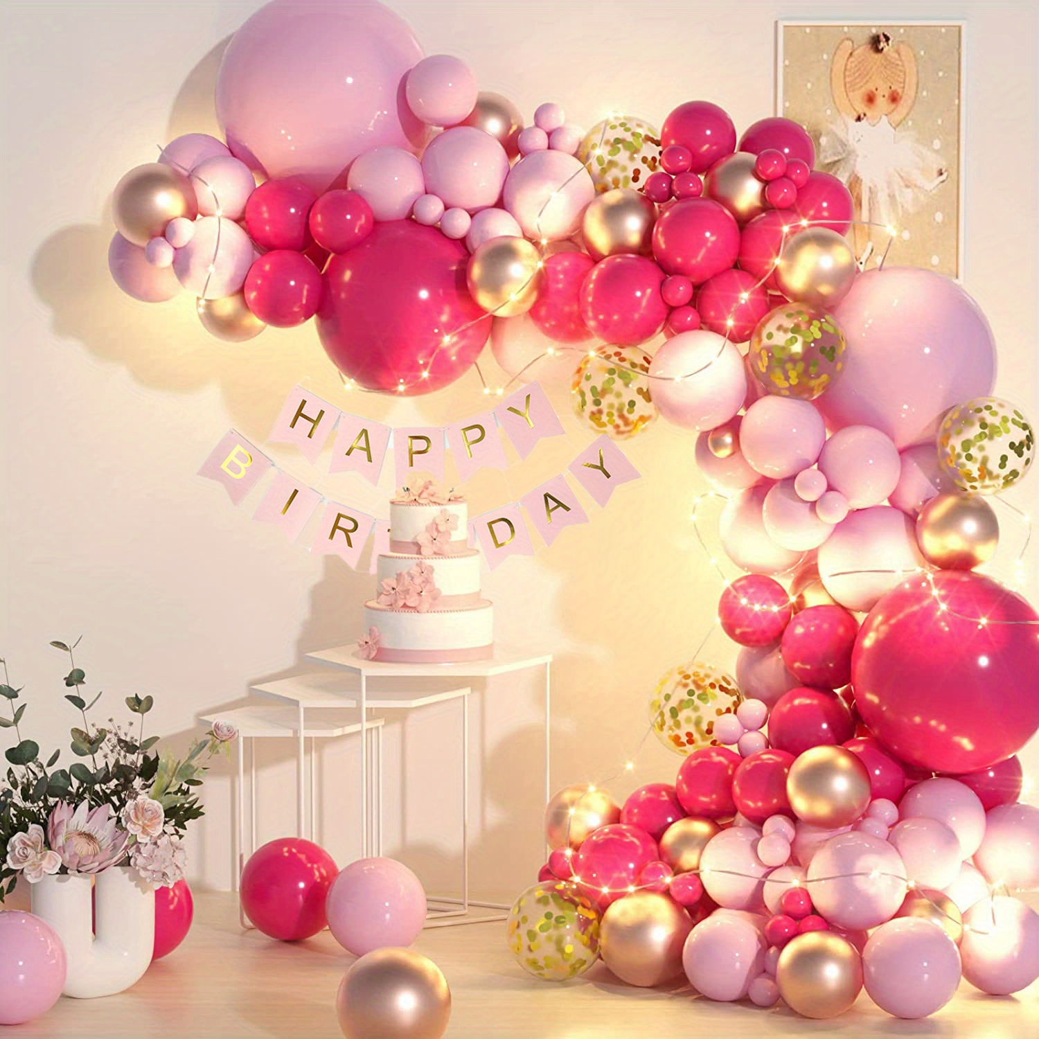 Hot Pink and White Balloons Garland Arch Kit, 114 Pcs Pink and Rose Gold  Confetti Balloons for Barbie Princess Theme, Baby Shower, Graduation