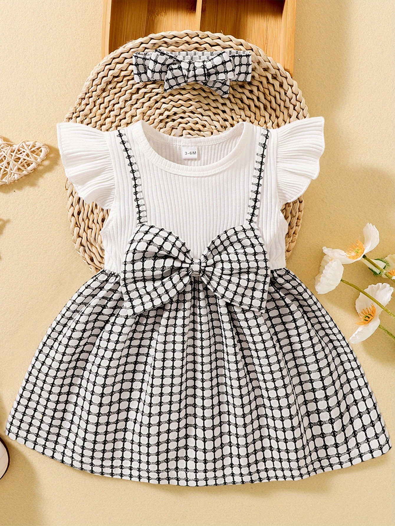 Babyhug Cotton Short Sleeves Checks Frock with Bow & Leggings