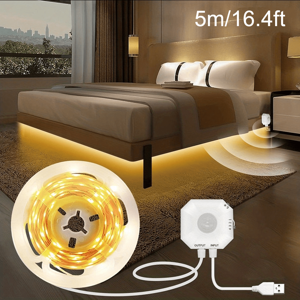Tira de luces LED activadas por movimiento, 9.8 pies debajo de la cama,  tiras LED con sensor de movimiento, lámpara de noche con temporizador de