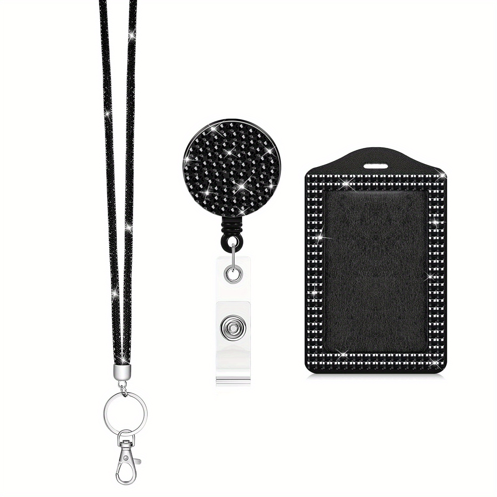 Retractable ID Badge Holder, Multipurpose Bling Rhinestone Badge Reel with  Belt Clip Key Ring, Shiny PU Leather Badge Holder with Lanyard and Pen