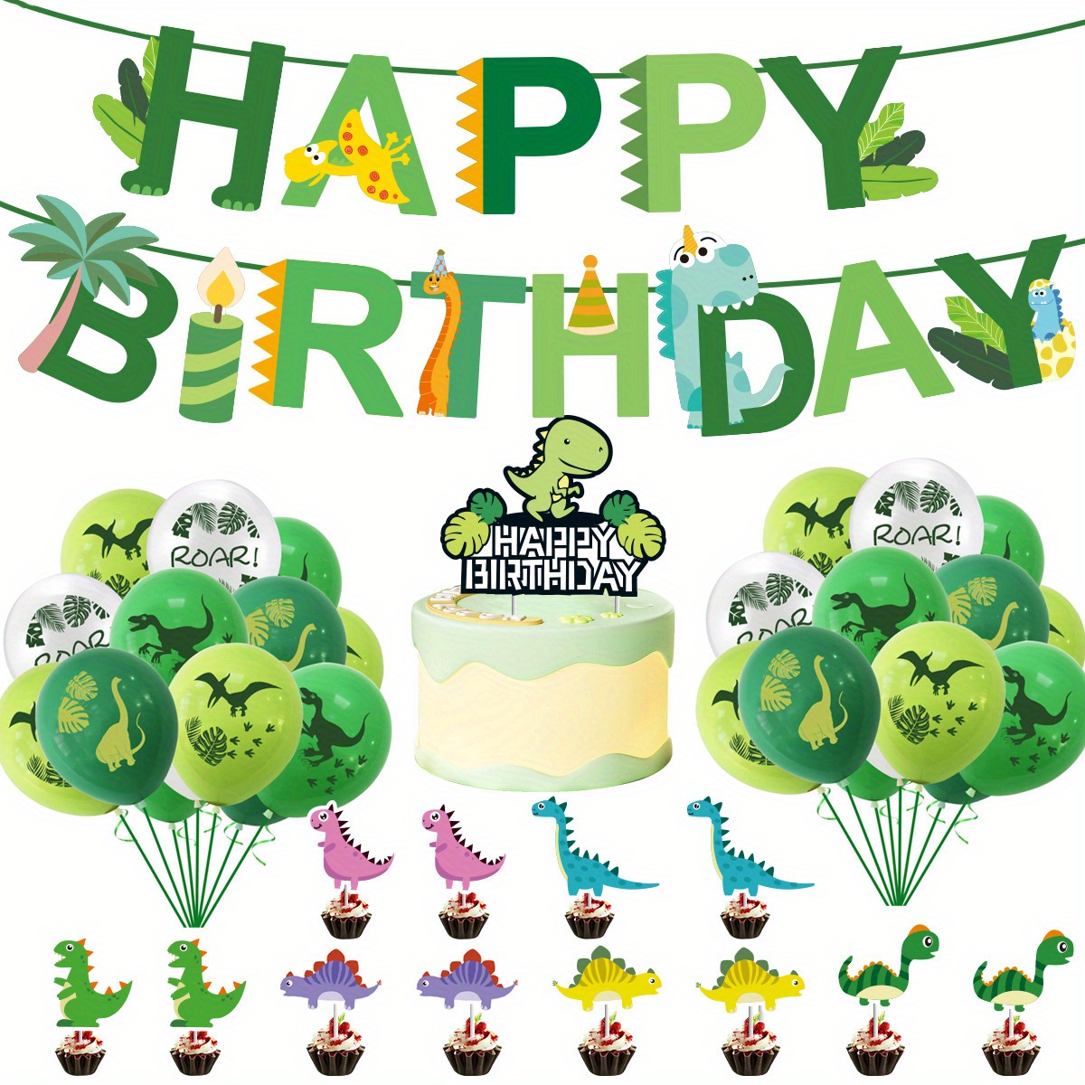 Dinosaur 2nd Birthday Party Decorations for Boys and Girls, Green Dinosaur  with ROAR TWO REX Banner and Dinosaur Latex Foil Balloons Cake Toppers for