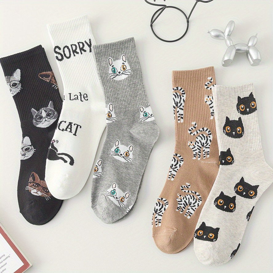 Image of 5-pack Cute Cartoon Cat Mid-calf Socks |, Machine Washable, Knit Fabric, Suitable For Teens, Spring/fall Season, For Teenager