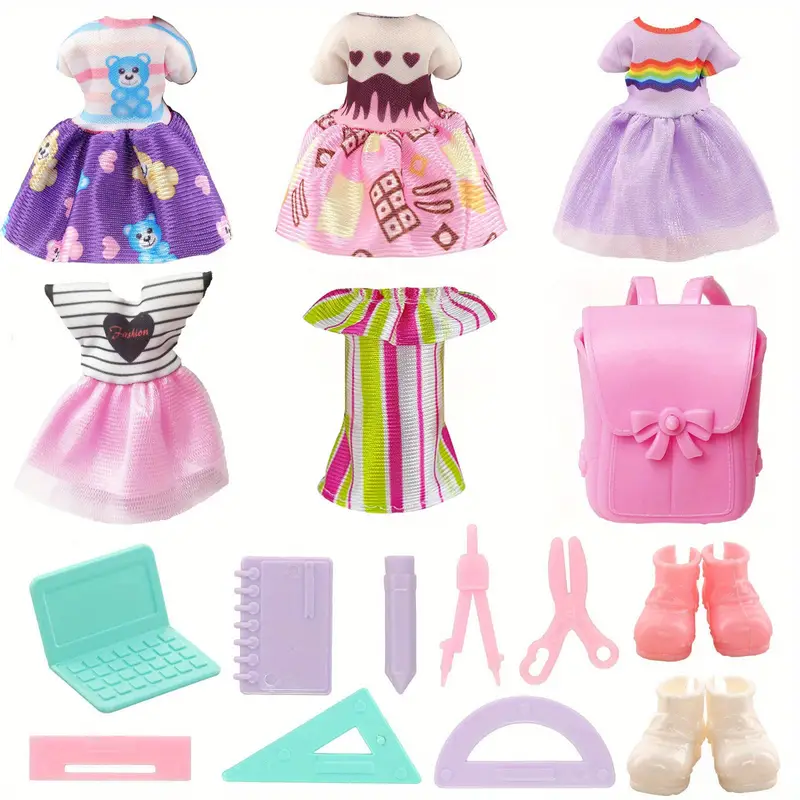16pcs doll clothes and school toys backpack learning kit for 5 3 inch dolls 5 dresses 1 backpack 8 random color learning tools 2 pairs of pink shoes and white shoes 16pcs 6