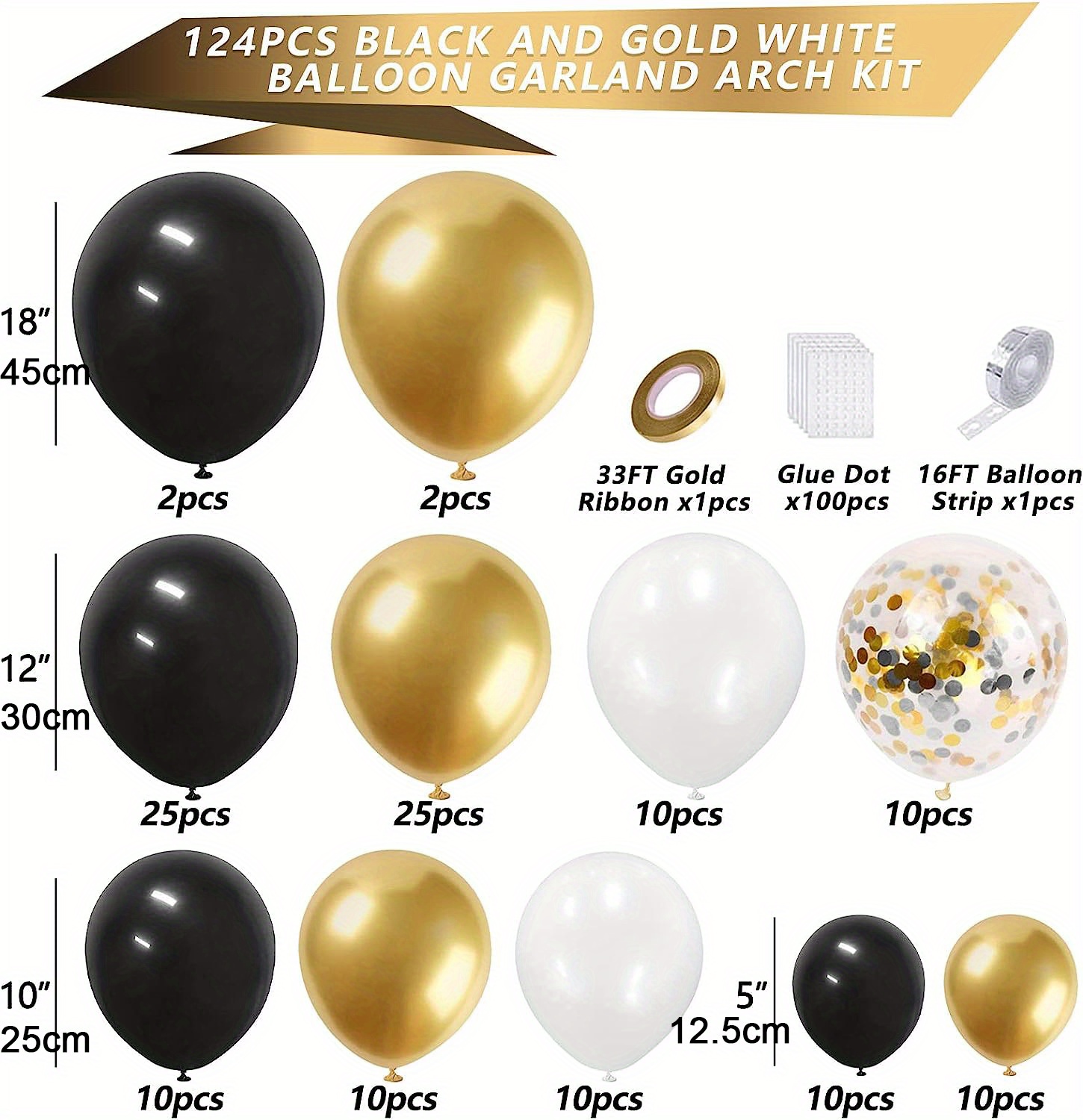 Kit de arco de guirnalda de globos negros y dorados de 124 piezas, globos  de fiesta de látex de 5 10 18 pulgadas de oro negro y plata para  cumpleaños, graduación, cumpleaños