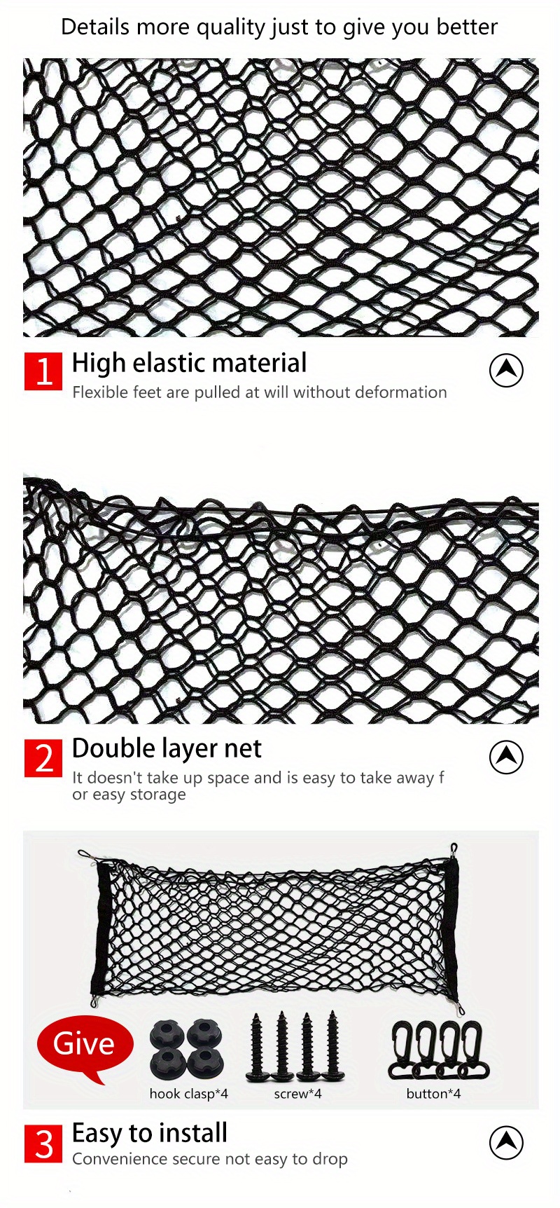 Heavy Duty Cargo Net Stretchable, Car Interior Accessories, Adjustable  Elastic Trunk Storage Net With Hook Ns2