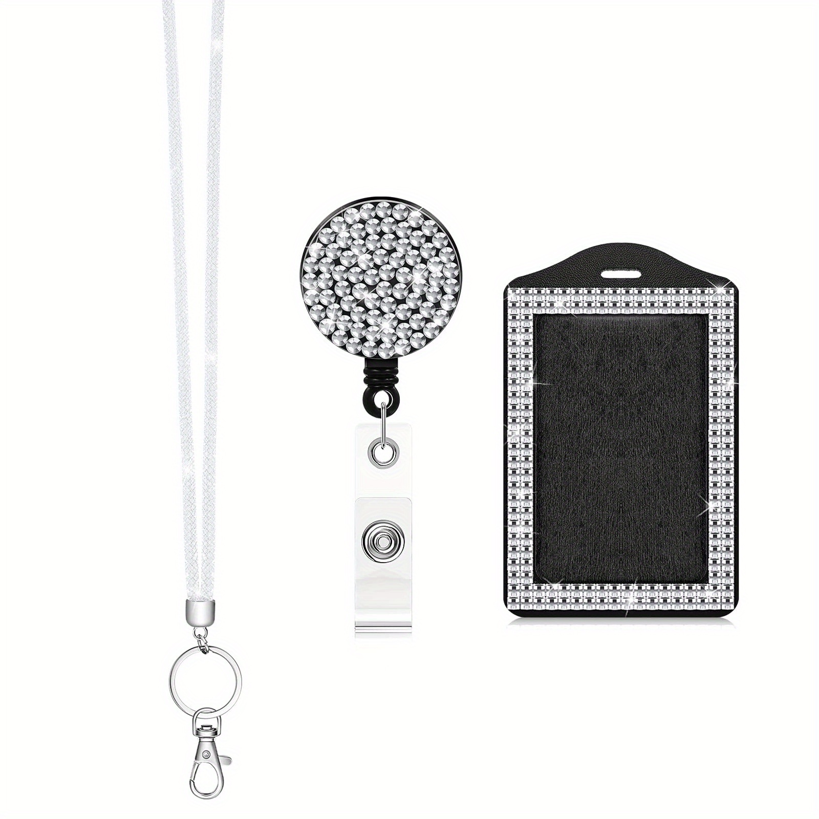 Azrra Retractable ID Badge Holder, Multipurpose Bling Rhinestone Badge Reel with Belt Clip Key Ring, Shiny PU Leather Badge Holder Wit