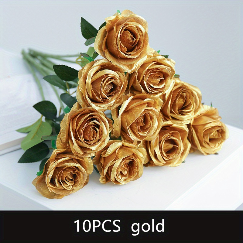 Gorgeous Metallic Artificial Flower Long Golden Fake Rose - Temu