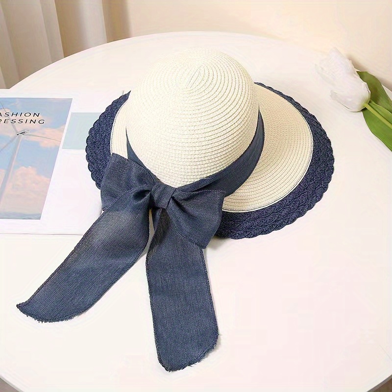 Wide Brim Bow Decor Straw Hat, Sun Protection Foldable Beach Hat for Outdoor, Women's Caps & Hats,Temu
