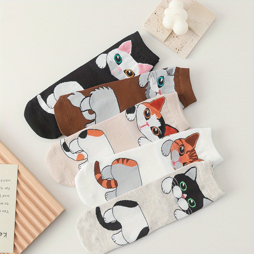 Image of 5 Pairs Of Cute Straight Cat Socks Cartoon Mid-tube Sports Socks, For Teenager