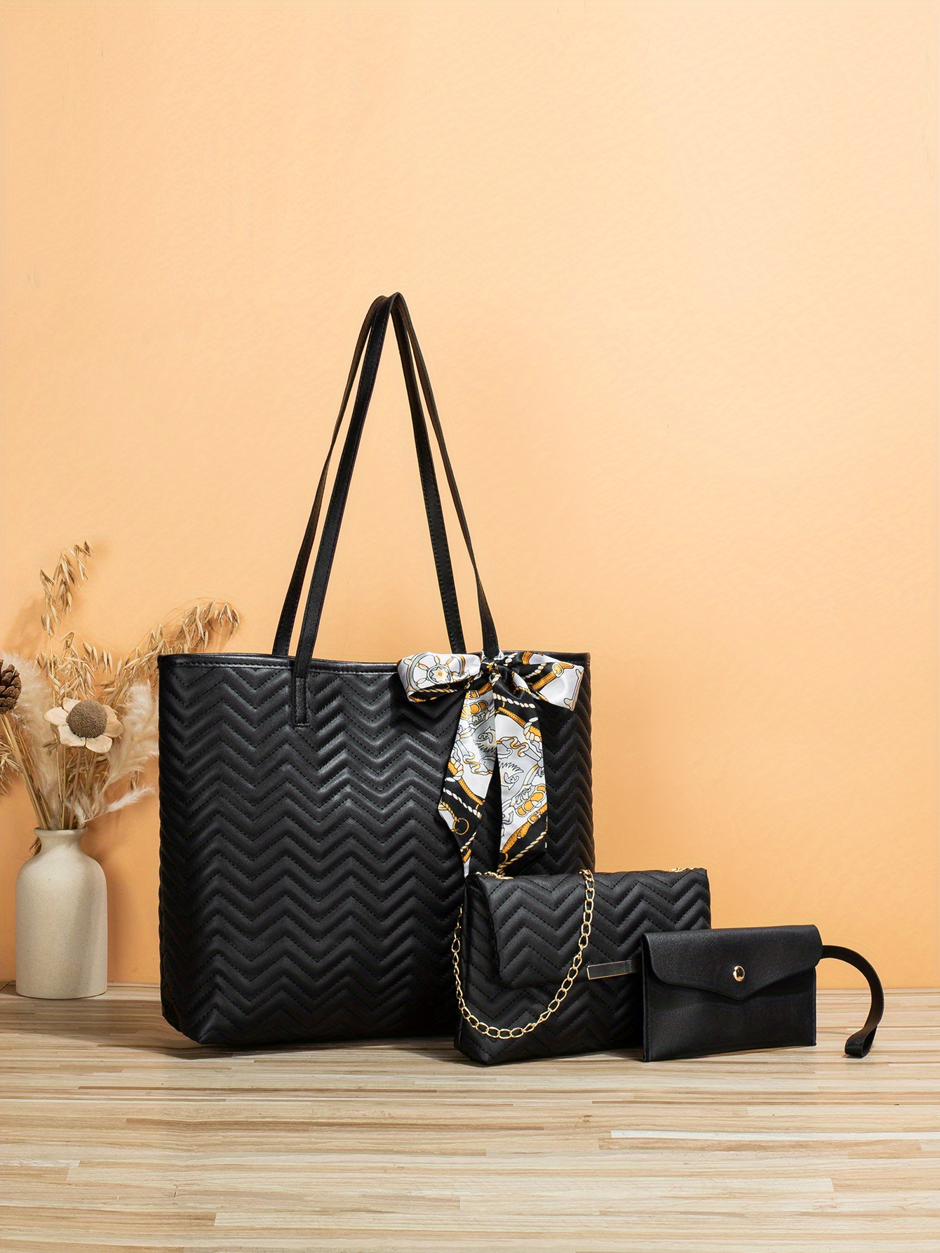 Quilted Detail Bag Sets, Solid Color Tote Bag With Shoulder Chain
