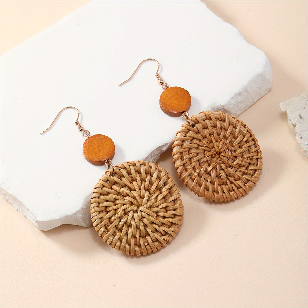 Image of Vintage Rattan Woven Earrings, Bamboo Woven Circular Ethnic Style Earrings, Pure Handmade Mannig Trendy Earrings
