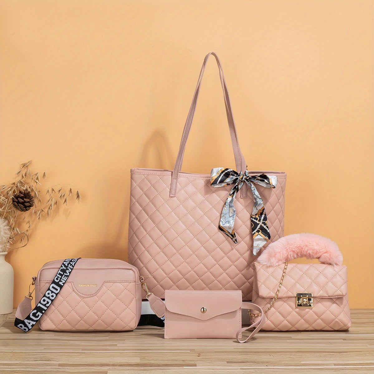 Quilted Detail Bag Sets, Solid Color Tote Bag With Shoulder Chain