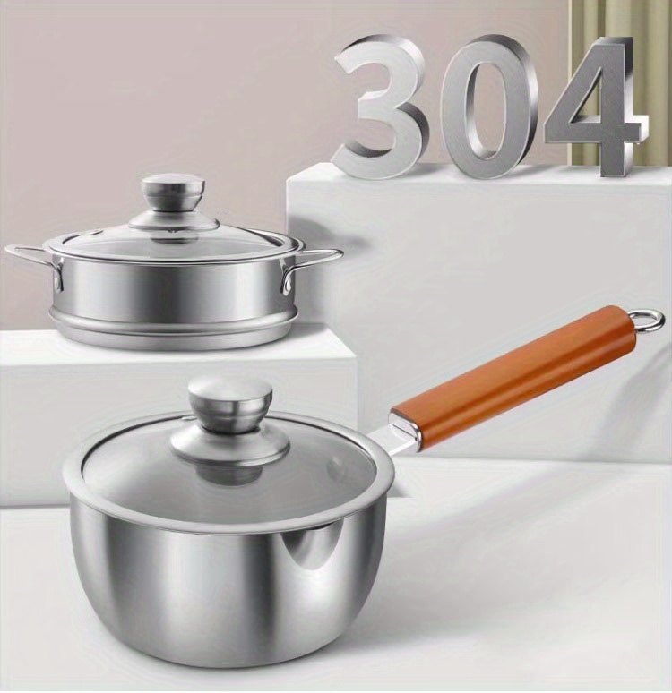 304 Stainless Steel Food Grade Soup Pot, Thickened Bottomed Induction  Cooker, General Soup Pot, Small Milk Pot, Complementary Food Glass Cover,  Single Handle Milk Pot, Double Ear Soup Steaming Pot, Gift Pot 