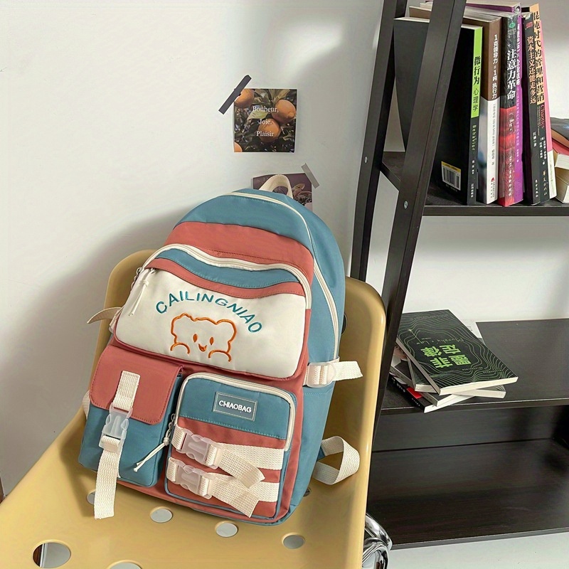 Cartoon Bear Pattern Colorblock Backpack School Storage Bag