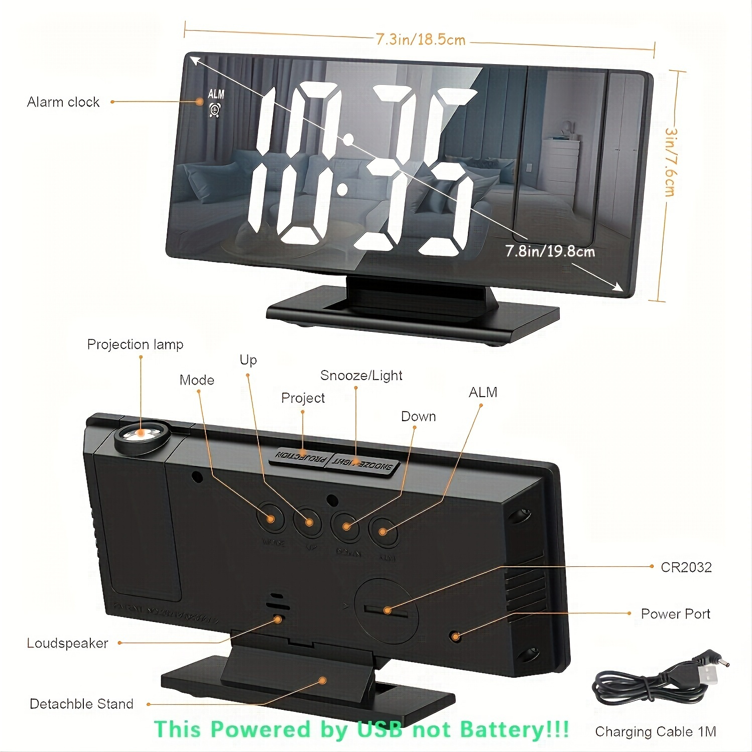 1pc Large Led Screen Alarm Clock For Bedroom Electronic Projection Alarm Clock With Temperature