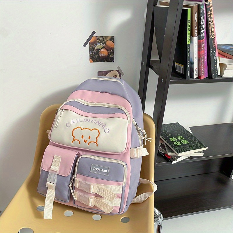 Cartoon Bear Pattern Colorblock Backpack School Storage Bag