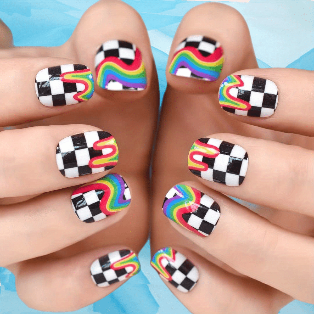 short round rainbow french press on nails 24pcs halloween acrylic gel fake nails checkerboard rainbow design stick glue on nails for women reusable false nail tips easy wear for home office details 0