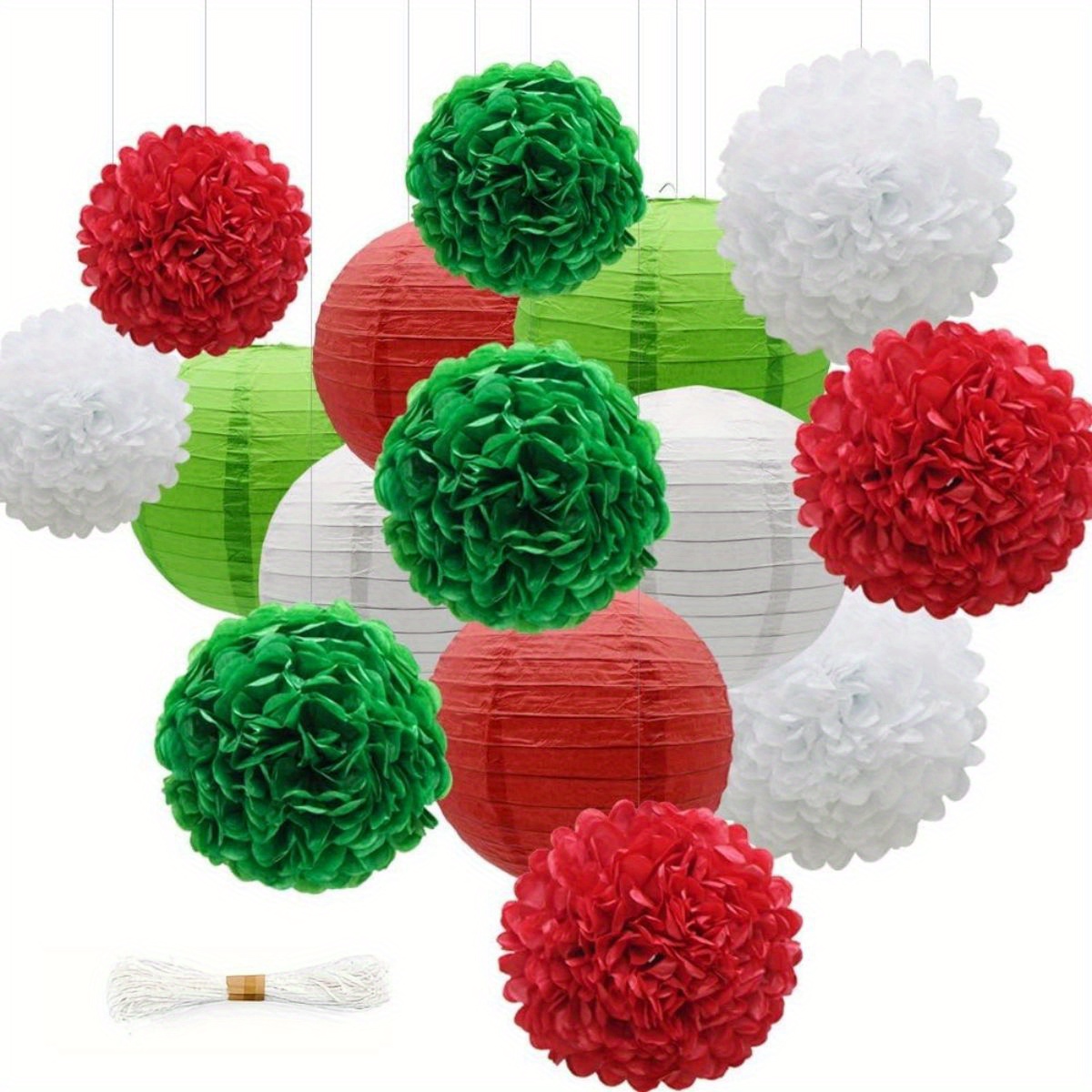 Christmas Decorations Party Paper Lanterns Set,Red and Green Pom Poms  Christmas