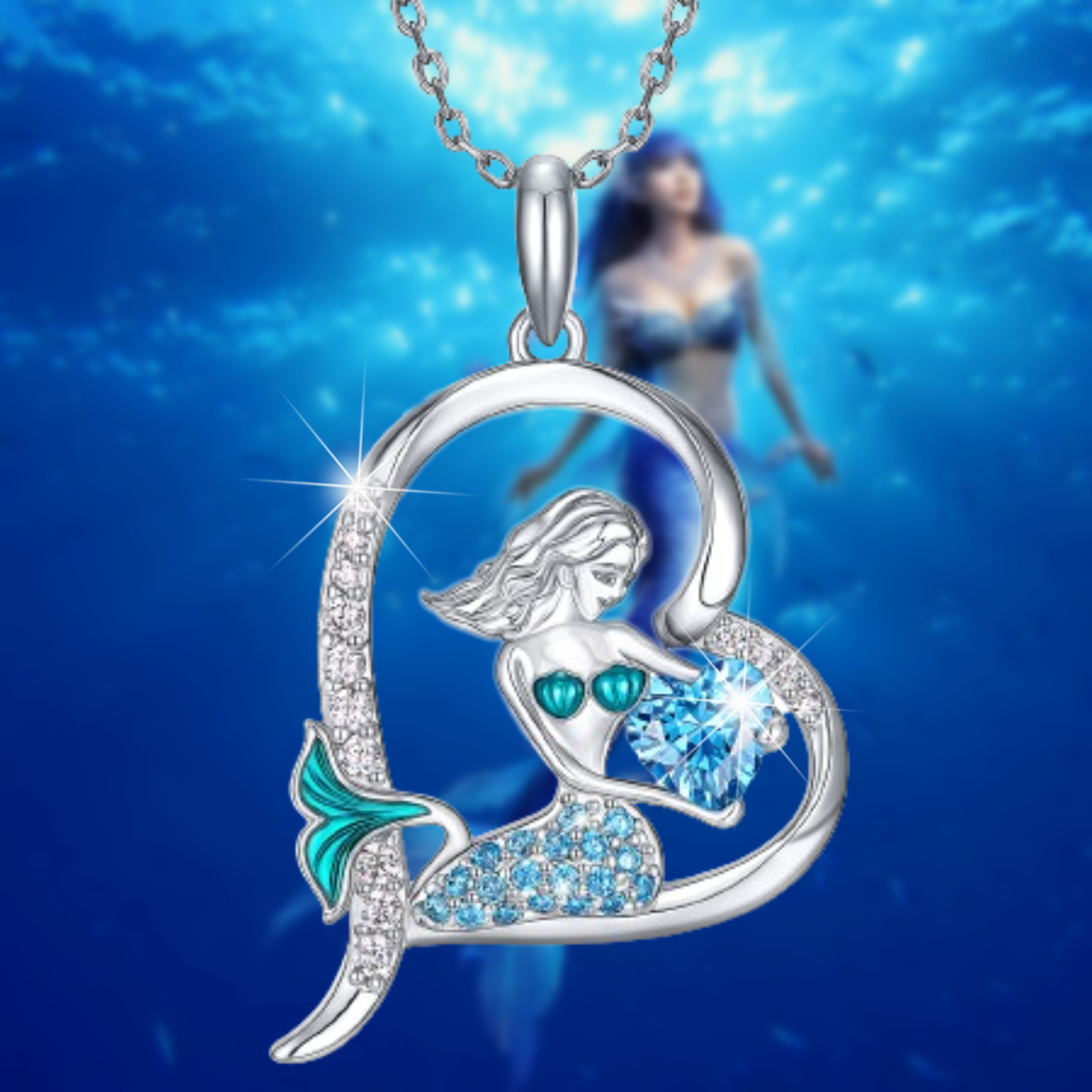 1pc Elegant Heart Mermaid Necklace For Men And Women , Sparkling Blue  Crystal Mermaid Clavicle Chain Pendant, Fashion Party Jewelry For  Girlfriend Wi