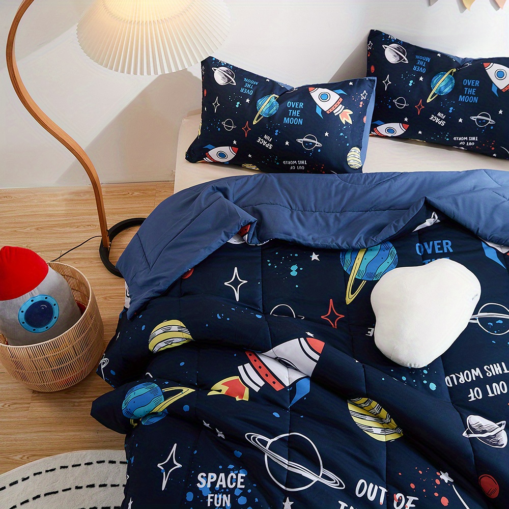 3pcs comforters set queen size space rocket bedding set for home decor details 4