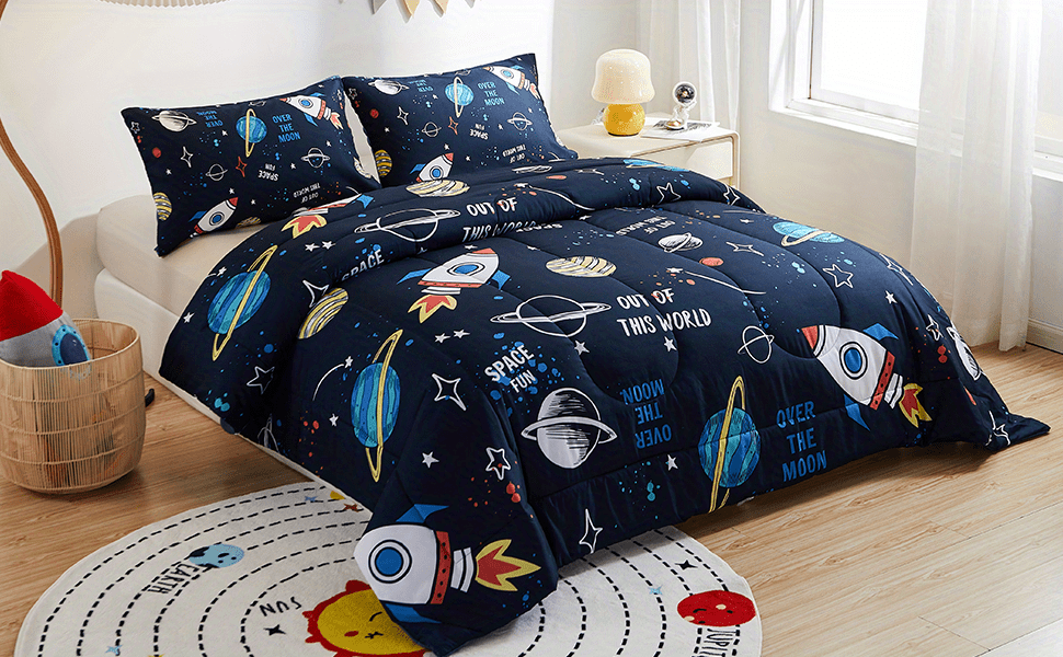 3pcs comforters set queen size space rocket bedding set for home decor details 2