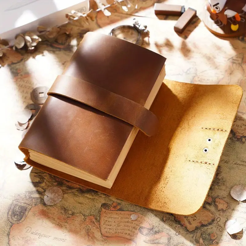1pc 200 sheets craft paper page notebook handmade vintage cowhide genuine leather cover meeting record book journal diary book office supplies gift details 3