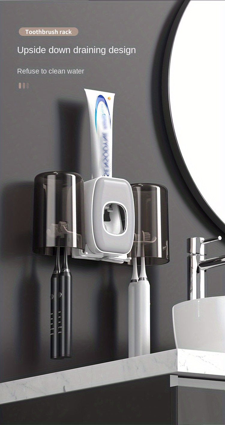 1pc automatic toothpaste dispenser with brush holder gargle cup multifunction toothbrush holders for bathrooms bathroom tooth brush holder set toothbrush organizer with cup wall mounted shower room decor set details 5